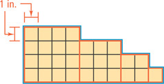 A figure outlined in blue is composed of four rows of squares each with sides 1 inch, with four, seven, nine, and ten square, respectively. The figure is divided into four squares outlined in red, with four, three, two and one square on each side, respectively.