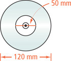 A shaded figure is a circle of diameter 120 millimeters with a circular hole of diameter 50 millimeters.