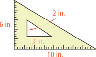 A shaded figure is a triangle with sides measuring 2 inches, 6 inches, and 10 inches, with a right-triangular hole with legs measuring 2 inches and 3 inches.