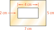A shaded figure is a rectangle with length 7 centimeters and width 5 centimeters, with a rectangular hole of length 4 centimeters and width 2 centimeters.