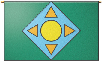 A design has a yellow circle and four orange triangles on a blue square, all centered on a green rectangle.