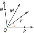 Four rays extend from common vertex Q: NQ MQ, PQ, and RQ. Angles NQM and PQR are equal.