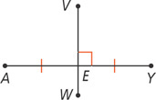 Vertical line segment VW bisects segment AY at point E, creating right angle VEY.