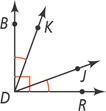 Right angle BDR is divided by rays KD and JD, with angles BDK and KDR equal.