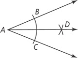 Angle ABC has a large arc through B and C with smaller arcs intersecting at D right of A, with an angle bisector from A through D.