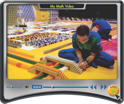 A My Math Video screen displays people building elaborate domino patterns.