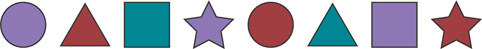 A sequence displays eight colored shapes: purple circle, red triangle, blue square, purple star, red circle, blue triangle, purple square, red star.
