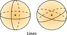 On a sphere, lines are shown as circles around the circumference centered on the center of the sphere.