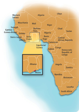 A map shows Accra in Ghana, which is part of Africa.