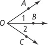 Angle AOC, smaller than a right angle, has interior ray OB creating angle 1 with ray OA and angle 2 with ray OC.
