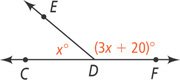 From vertex D, ray DC extends left, DF extends right, and DE extends up to the left. Angle CDE measures x degrees and angle EDF measures (3x + 20) degrees.