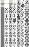 An answer sheet has 21 over 2 written on top, with corresponding bubbles filled in for each digit on bottom.