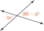 Two diagonal lines intersect, forming angle 3x degrees on the left and angle (80 minus x) degrees on the right.
