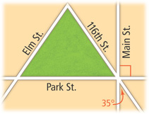 A map shows horizontal Park St. and diagonal 116th St. meeting at an intersection where Main St. meets Park St. at a right angle, forming six angles. The angle between 116th St. and Main St. at the bottom right is 35 degrees.