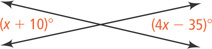 Two lines intersect forming angle (x + 10) degrees at the left and angle (4x minus 35) degrees on the right.