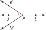 Line JPL has ray KP extending up to the left and ray MP extending down to the left. Angles KPJ and MPJ are each marked with one arc.
