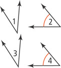 Angles 1 and 3 are small acute angles, and angles 2 and 4 are larger, equal acute angles.