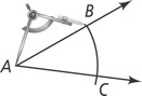 A compass has pointer at vertex A of angle A, with pencil drawing an arc through points B and C on the rays.