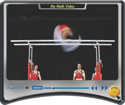 A My Math Video screen displays a gymnast performing on parallel bars, appearing as a blur as he spins between them.