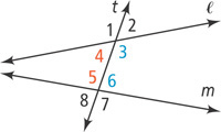 Transverse t intersects nearly horizontal lines l and m. At the intersection of line l, angles are numbered 1 through 4, from top left clockwise. At the intersection of line m, angles are numbered 5 through 8 from top left clockwise.