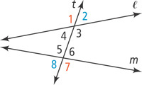 Transversal t intersects nearly horizontal lines l and m. At the intersection of line l, angles are numbered 1 through 4, from top left clockwise. At the intersection of line m, angles are numbered 5 through 8 from top left clockwise.