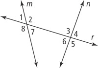 Transversal r intersects nearly vertical lines m and n. The angles above r are numbered 1 and 2 at m and 3 and 4 at n, from left to right. The angles below r are numbered 5 and 6 at n and 7 and 8 at m, from right to left.