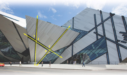 A wall of the museum has a transversal beam intersecting two nearly vertical beams. Angles 1 and 2 are above the transversal, left and right of the left beam, respectively. Angles 3 and 4 are on the left of the right beam, above and below the transversal, respectively.