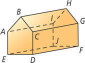 A box has front and back sides as pentagons pointing up, connected by rectangular sides. The front side has corners A, B, C, D, and E, from top left clockwise. The back side has corners I, H, G, F, and J, from top left clockwise.