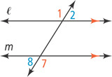 A diagonal transversal intersects parallel horizontal lines l, on top, and m, on bottom. Above l, angle 1 is on the left of the transversal and angle 2 on the right. Below m, angle 8 is on the left of the transversal and angle 7 on the right.