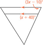 Two parallel horizontal segments, the top longer than the bottom, are connected by segments meeting at an angle below. The right segment forms interior angle (3x minus 10) degrees with the top parallel line and interior angle (x + 40) degrees at the bottom of the bottom parallel line.