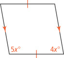 Two parallel diagonal segments are connected by two horizontal segments of the same length, forming a quadrilateral. The bottom left angle is 5x degrees and bottom right angle is 4x degrees.