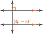 A vertical line intersects two parallel horizontal lines. Right of the transversal, the angle above the top line is a right angle and the angle above the bottom line is (3p minus 6) degrees.