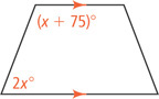 Two parallel horizontal segments, the top shorter than the bottom, are connected by two diagonal segments, forming a quadrilateral. The top left angle is (x + 75) degrees and the bottom left angle is 2x degrees.