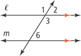 A diagonal transversal intersects horizontal parallel lines l, on top, and m, on bottom. Above l, angle 1 is left of the transversal and angle 2 right of the transversal. Angle 3 is below l right of the transversal. Angle 6 is above m right of the transversal.