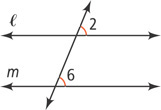 A diagonal transversal intersects two horizontal lines, l on top and m on bottom. Angle 2, right of the transversal above the top line, is equal to angle 6, right of the transversal above the bottom line.