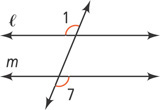 A diagonal transversal intersects two horizontal lines, l above m. Angle 1, above l left of the transversal, is equal to angle 7, below m right of the transversal.