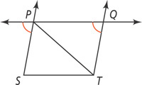 Two rays connected by a horizontal segment, at S on the left and T on the right, intersect a horizontal line above at P on the left and Q on the right. A diagonal connects P and T. The bottom left angle at P is equal to the bottom left angle at Q.