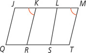 Segment JKLM is connected to segment QRST below to form a quadrilateral, divided into parts by KR and LS. The top angle left of KR is equal to angle M.