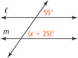 A transversal intersects two horizontal lines, l above m. Right of the transversal, the angle above l is 55 degrees and angle above m is (x + 25) degrees.
