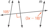A transversal intersects three nearly vertical lines, l to the left, a perpendicular line in the middle, and m on the right. The angle above the transversal left of l is 105 degrees. The angle below the transversal left of m is (3x minus 18) degrees.