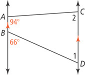 Two nearly horizontal segments connect two vertical parallel lines, forming a quadrilateral with corners A, C, D, and B, from top left clockwise. Interior angles are 1 at D, 2 at C, and 94 degrees at A. The exterior angle at B is 66 degrees.
