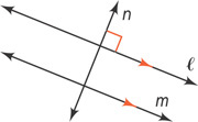 Transversal n intersects parallel lines l and m, intersecting l at a right angle.