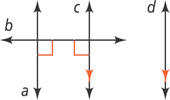 Transversal b intersects lines a and c at right angles. Line d is parallel to line d.