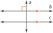 Transversal a intersects parallel lines b and c, intersecting b at a right angle.