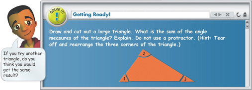 A Solve It problem demonstrates angles of a triangle.