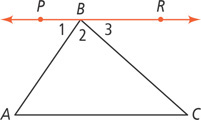 Triangle ABC has line PR passing through vertex B. Angle 1 is PBA, angle 2 is ABC, and angle RBC is 3.