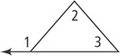 A triangle has angle 1 between the left side and extension of the bottom side, and angles 2 and 3 at the right side.