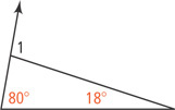 A triangle has angle 1 between the right side and extension of the left side. The bottom angles are 80 degrees and 18 degrees.