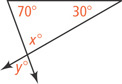 A triangle has interior angles measuring 70 degrees and 30 degrees at the top and interior angle x degrees on bottom. Extensions of the left and right sides form angle y degrees between them.