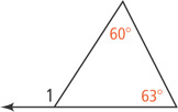 A triangle has angle 1 between the left side and extension of the bottom side, with interior angles measuring 60 degrees and 63 degrees on the right side.